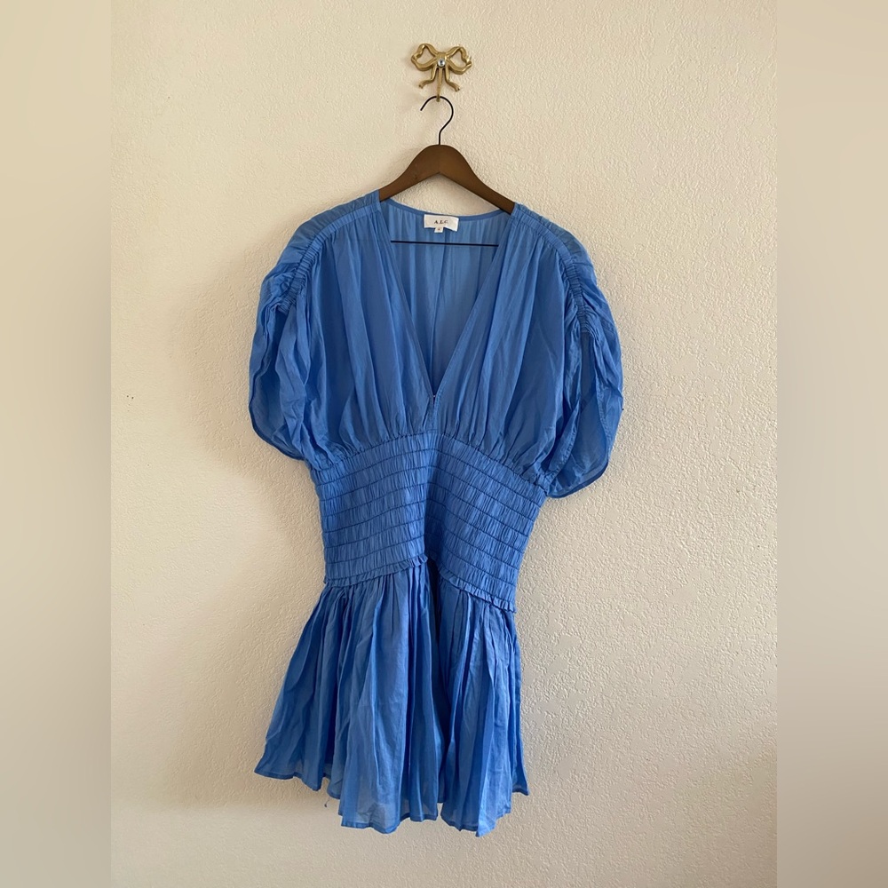 A.L.C. Women’s Luna Mini Dress Smocked Pleated V-Neck Draped Blue Size 14